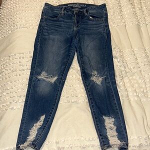 American Eagle Outfitters Women's Dark Blue Ripped Skinny Jeans